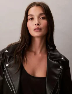FAUX LEATHER MOTO JACKET W/BELT - Skinnjackor