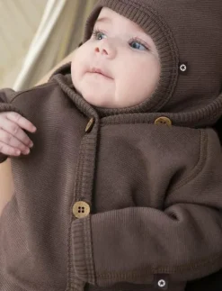 Jumpsuit merino wool w. buttons and hoodie, rose brown - Långärmad bodysuit