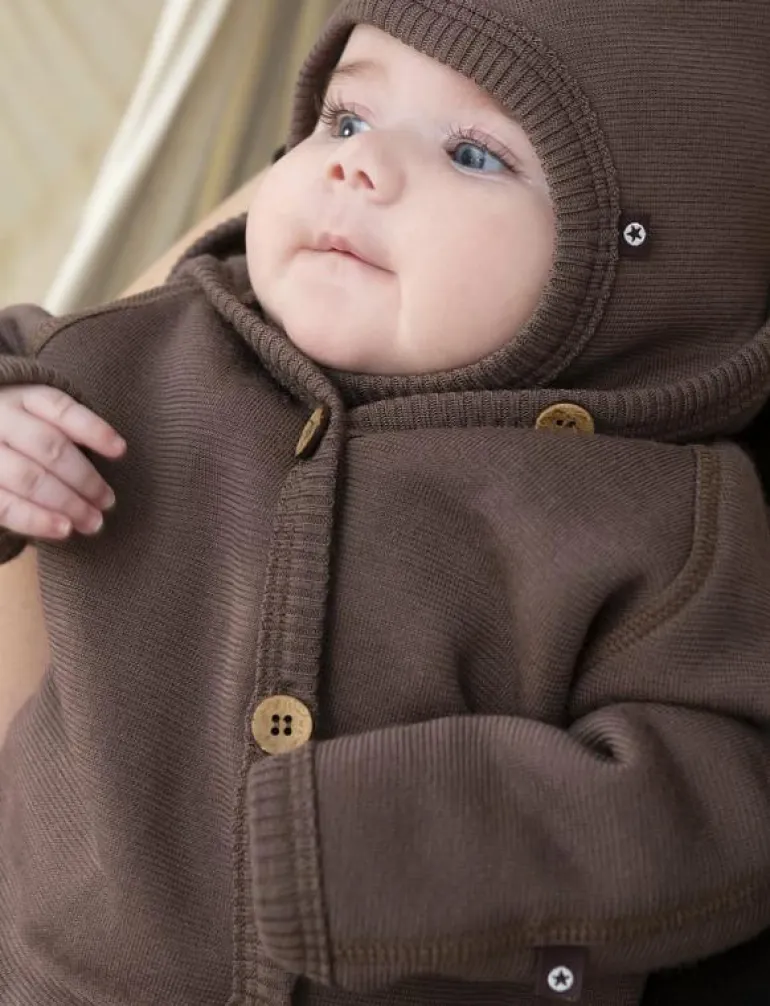 Jumpsuit merino wool w. buttons and hoodie, rose brown - Långärmad bodysuit