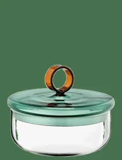 Loop låg burk med lock 12 cm, klar/teal/bärnsten - Förvaringsburkar