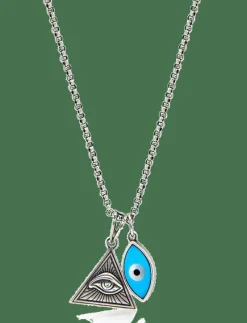 Men's Silver Necklace with Turquoise Evil Eye and Eye of Ra Pendant - Halsband